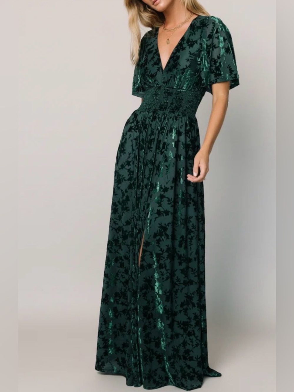 Baltic Born Veronica Velvet Maxi Dress Green V-Neck Flutter Sleeve Formal XL